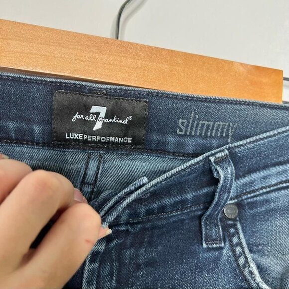 7 For All Mankind Mens Size 33 Slimmy Jeans FLAW Distressed Denim Dark Wash - Picture 10 of 13